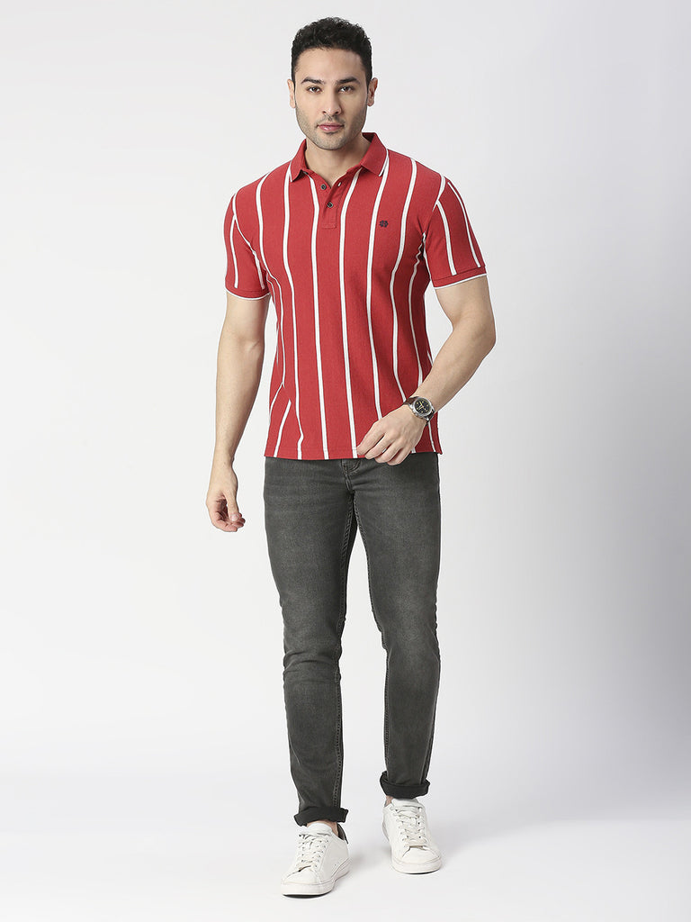 Red Melange Verticle Striped Pique Polo T-shirt