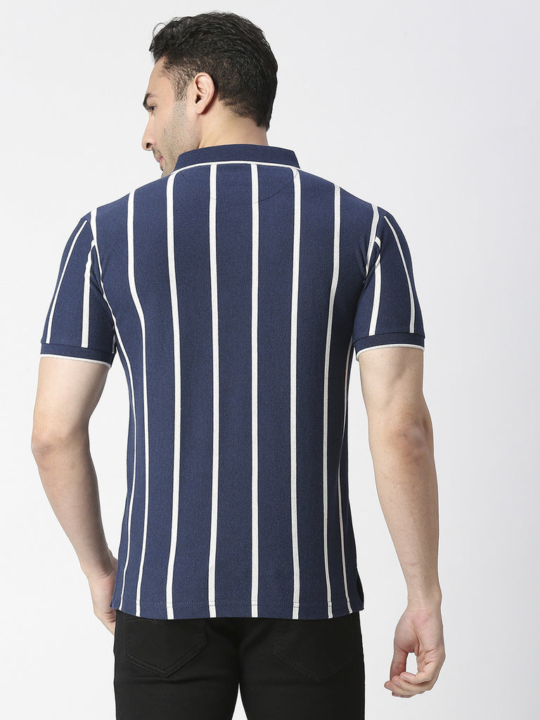 Blue Melange Vertical Striped Pique Polo T-shirt