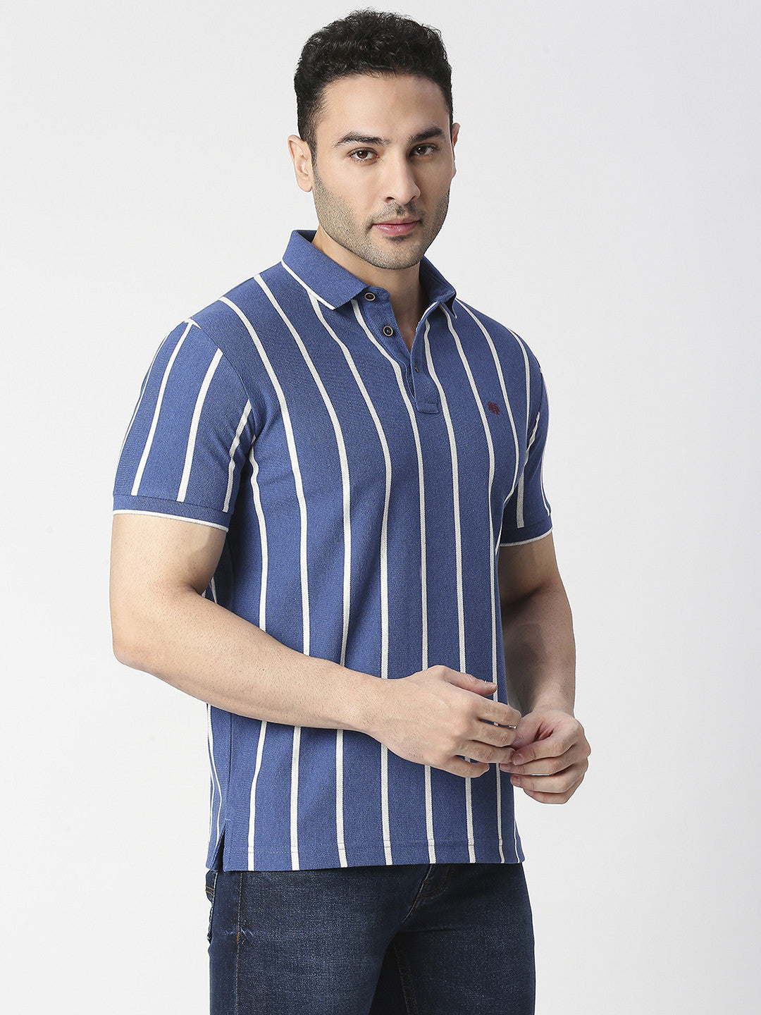 Royal Blue Vertical Striped Pique Polo T-shirt