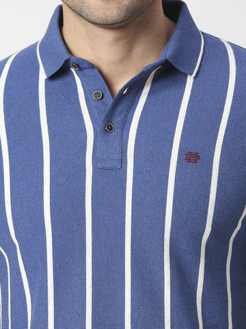Royal Blue Vertical Striped Pique Polo T-shirt