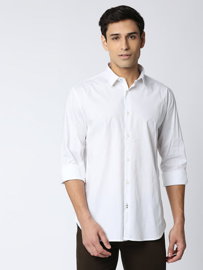 White Stretch Poplin Plain Shirt