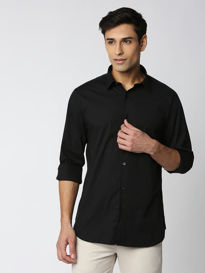 Black Stretch Poplin Plain Shirt
