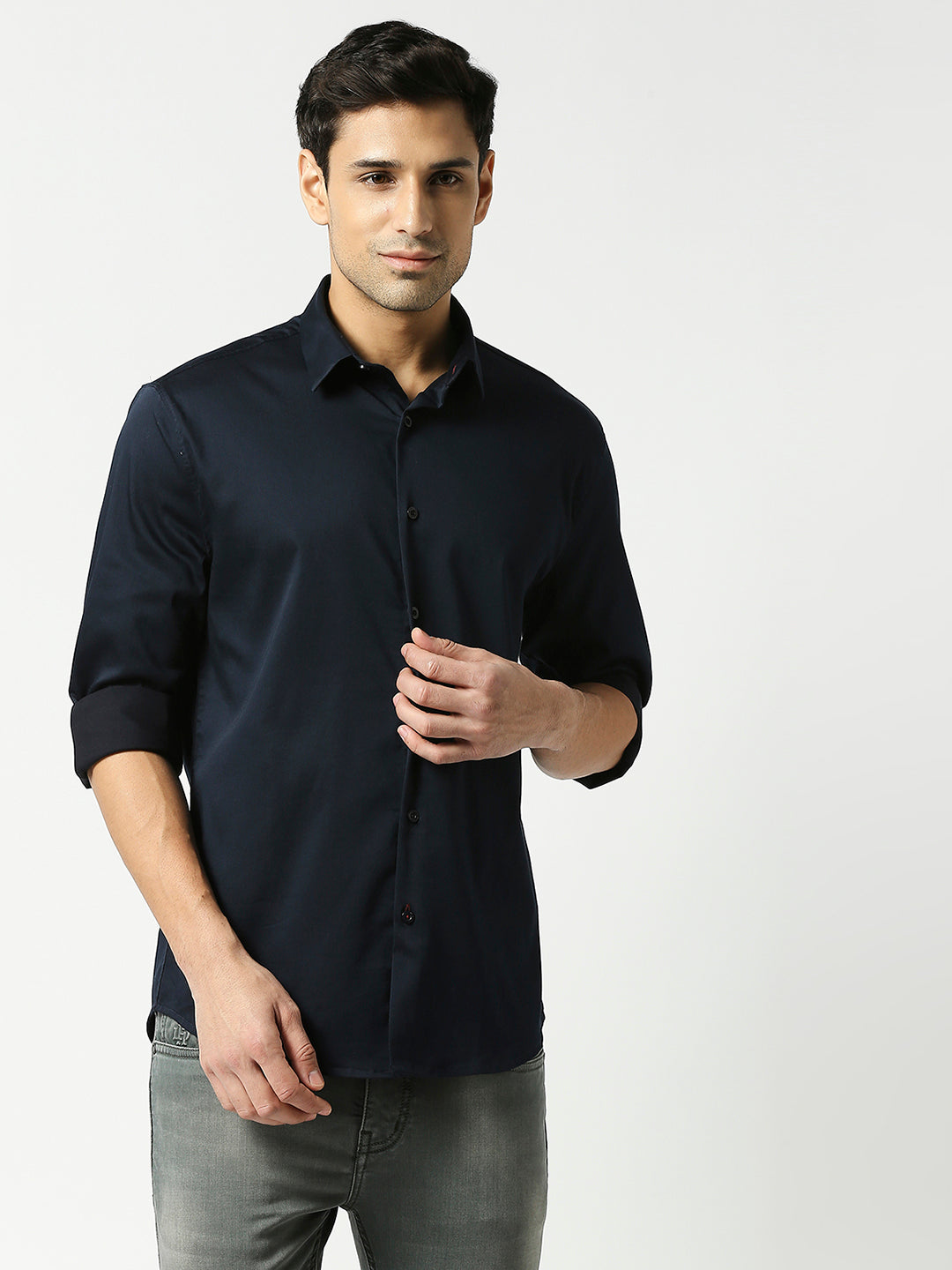 Navy Blue Satin Lycra Shirt