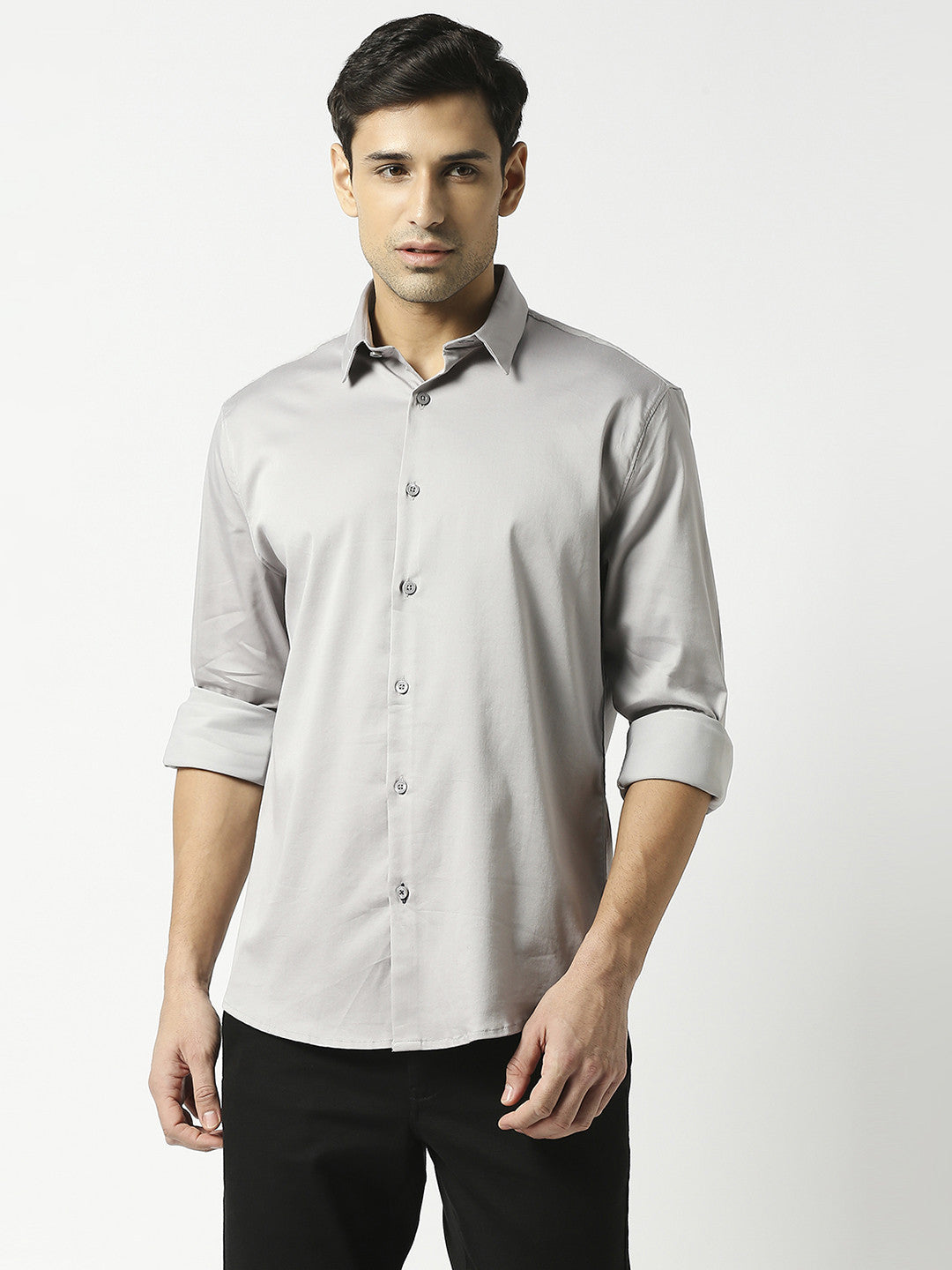Grey cotton satin lycra solid shirt with full sleeves and a stich-less collar.