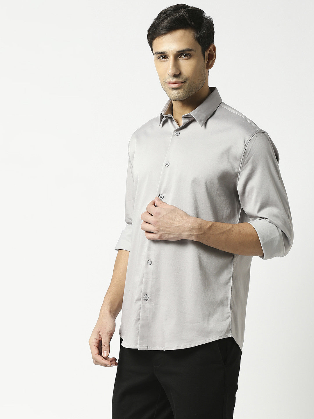 Grey cotton satin lycra solid shirt with full sleeves and a stich-less collar.