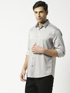 Grey cotton satin lycra solid shirt with full sleeves and a stich-less collar.