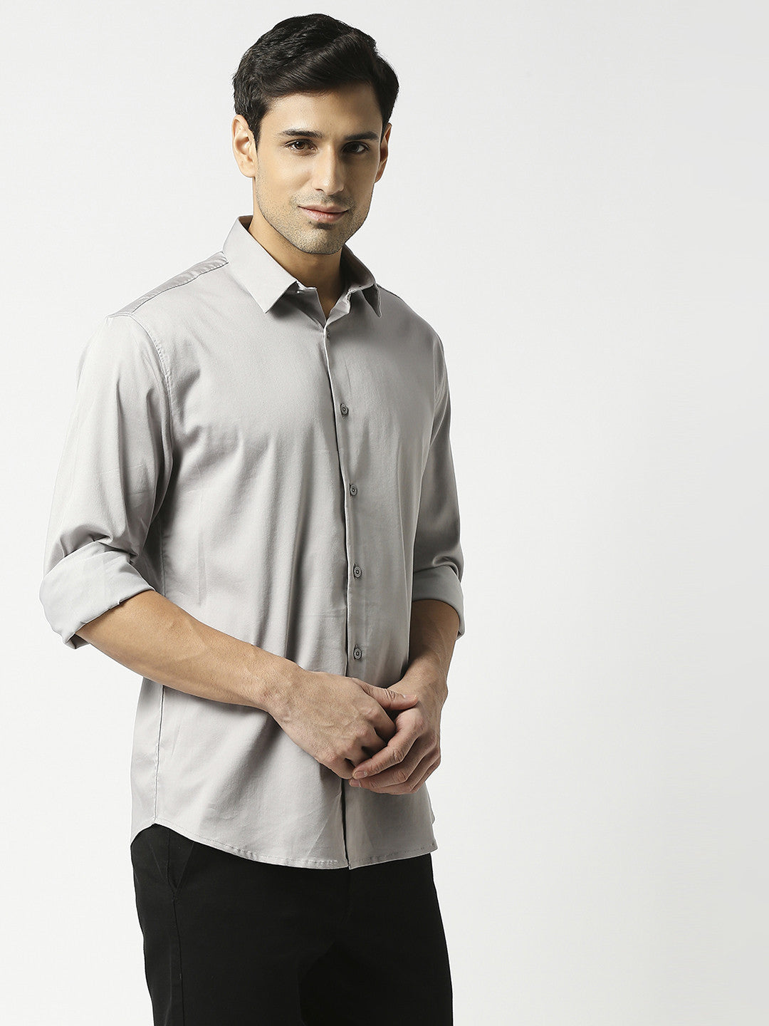 Grey cotton satin lycra solid shirt with full sleeves and a stich-less collar.