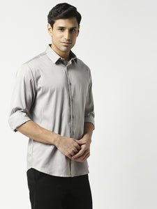 Grey cotton satin lycra solid shirt with full sleeves and a stich-less collar.