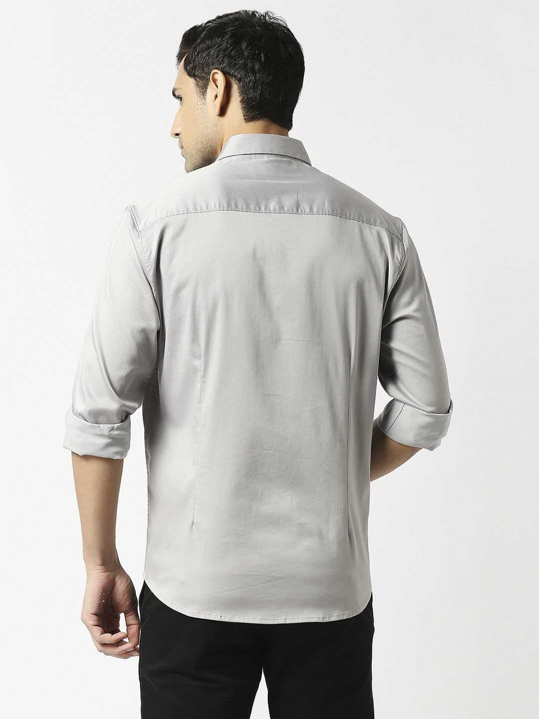 Grey cotton satin lycra solid shirt with full sleeves and a stich-less collar.