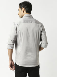 Grey cotton satin lycra solid shirt with full sleeves and a stich-less collar.