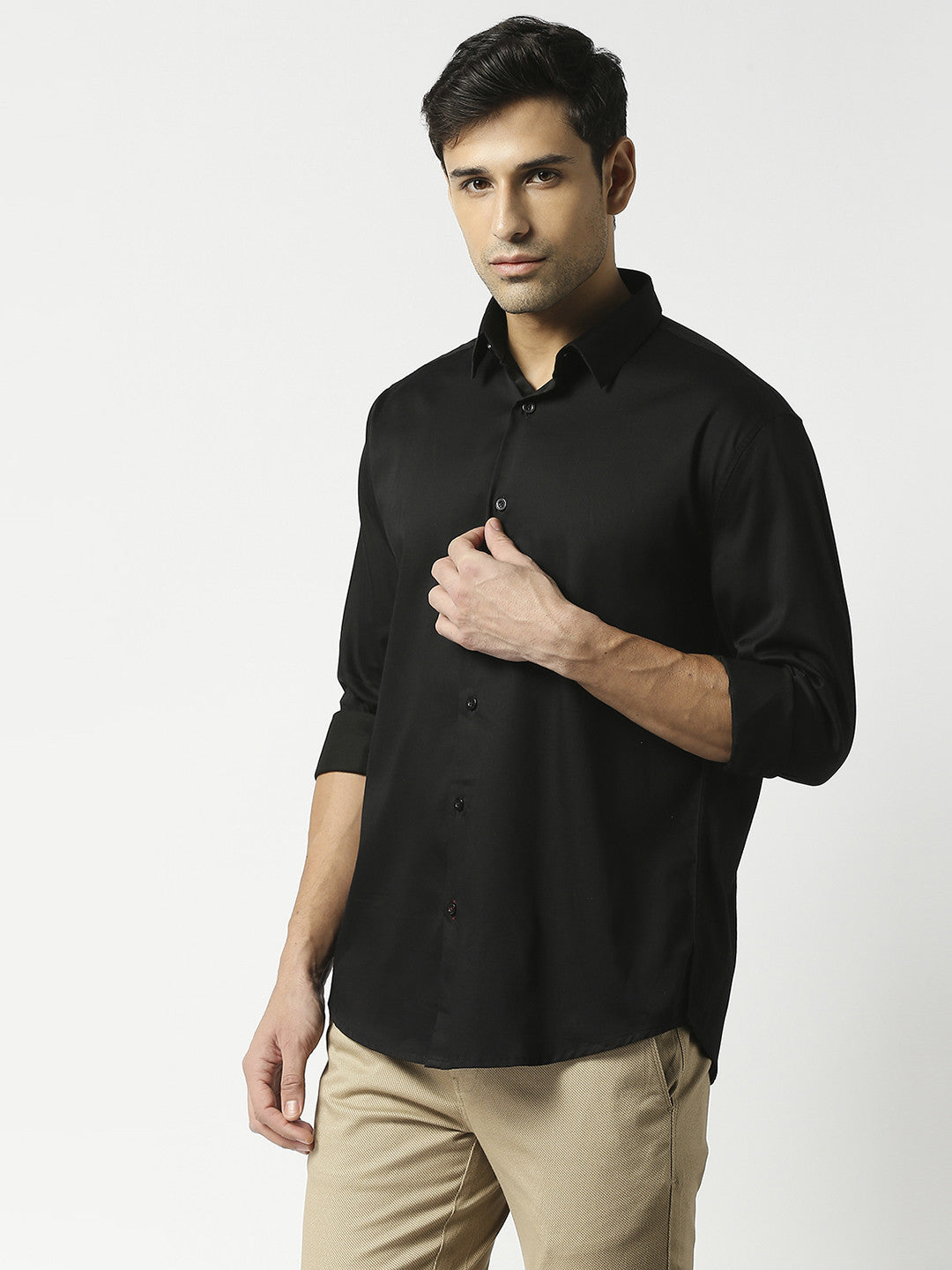 Classic black solid shirt in premium cotton satin lycra fabric with full  sleeves and stitch-less collar.