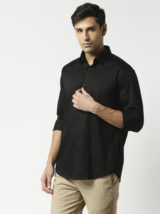 Classic black solid shirt in premium cotton satin lycra fabric with full  sleeves and stitch-less collar.