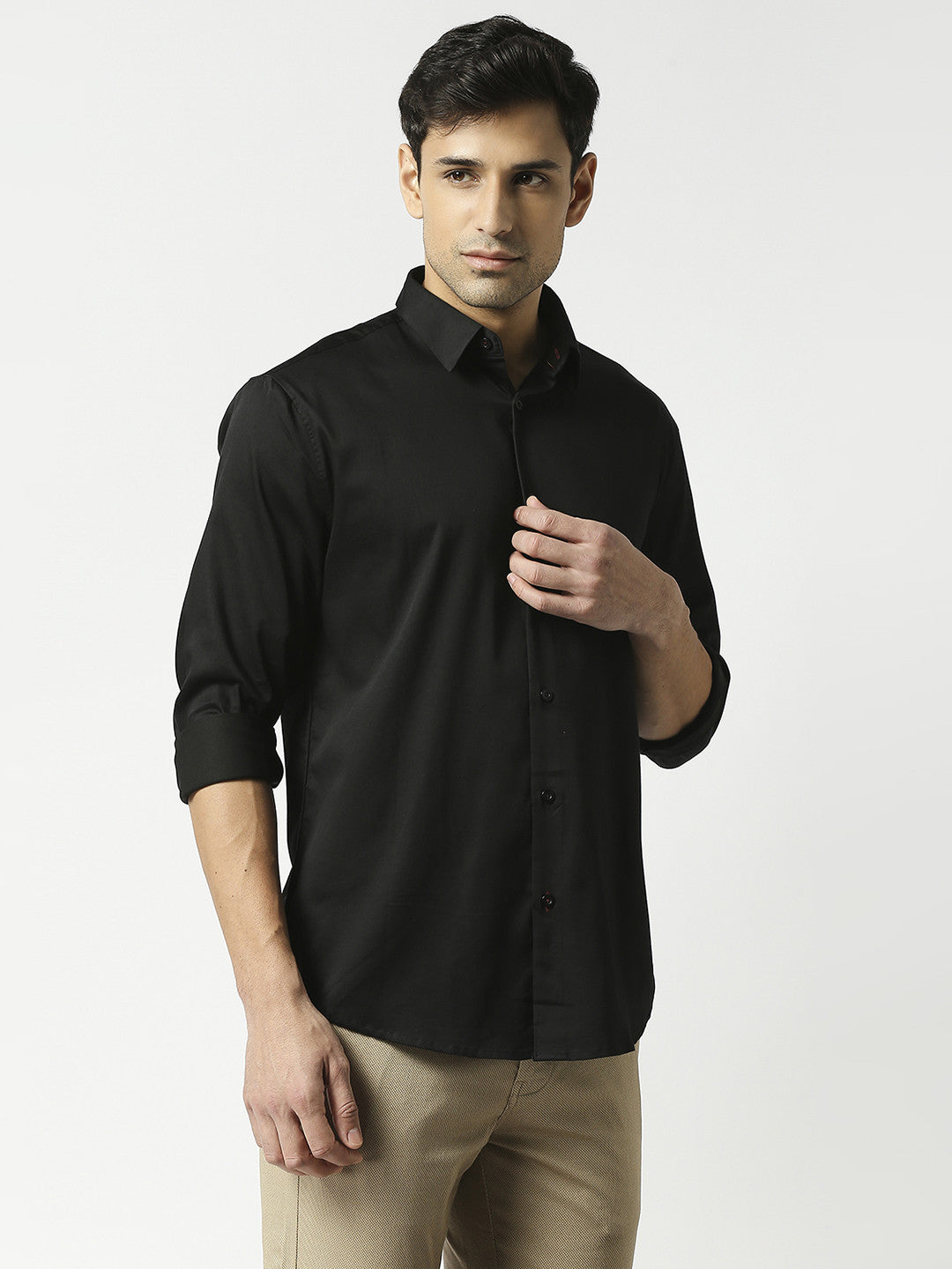 Classic black solid shirt in premium cotton satin lycra fabric with full  sleeves and stitch-less collar.