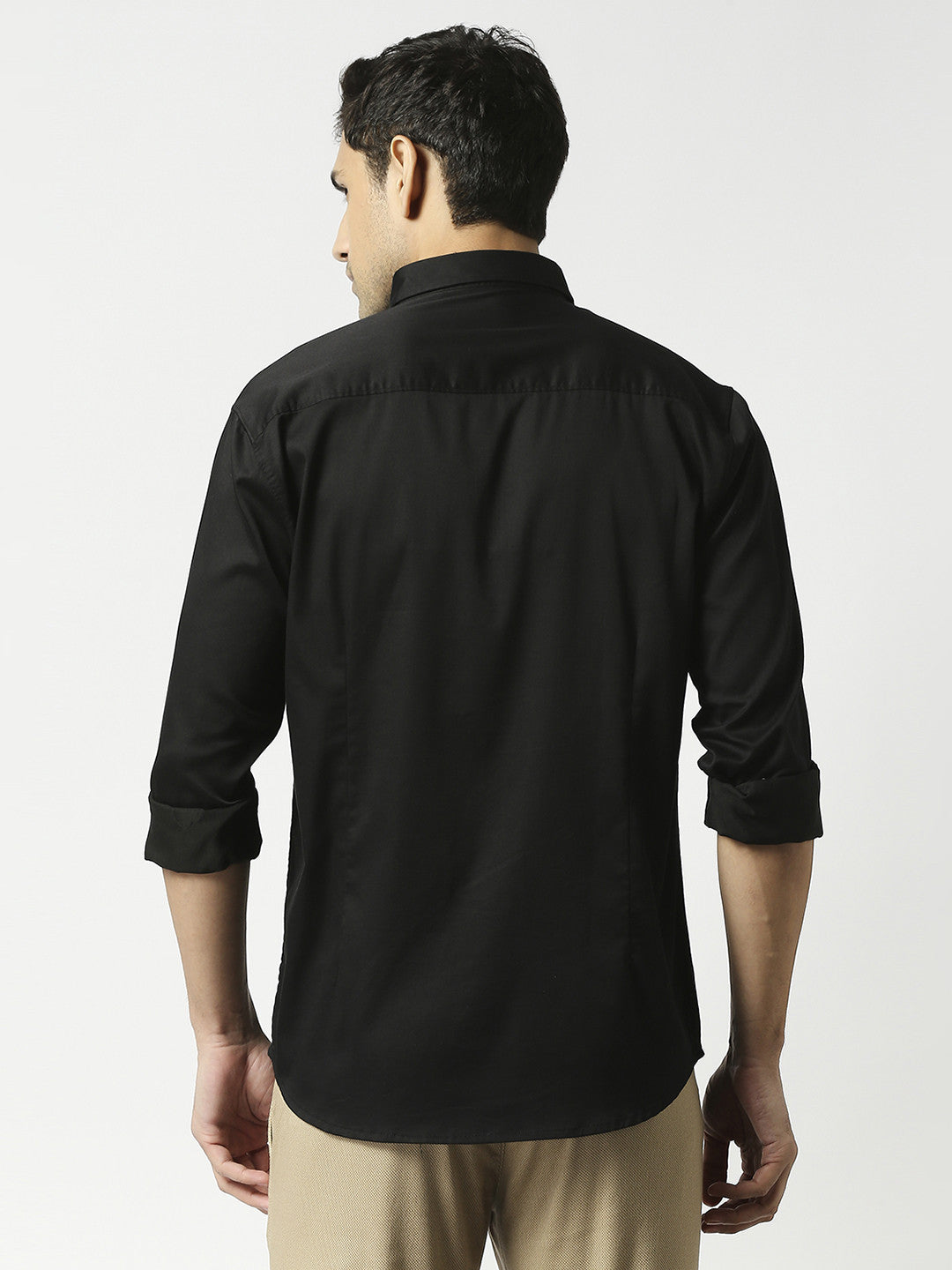 Classic black solid shirt in premium cotton satin lycra fabric with full  sleeves and stitch-less collar.