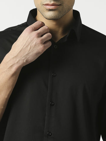 Classic black solid shirt in premium cotton satin lycra fabric with full  sleeves and stitch-less collar.