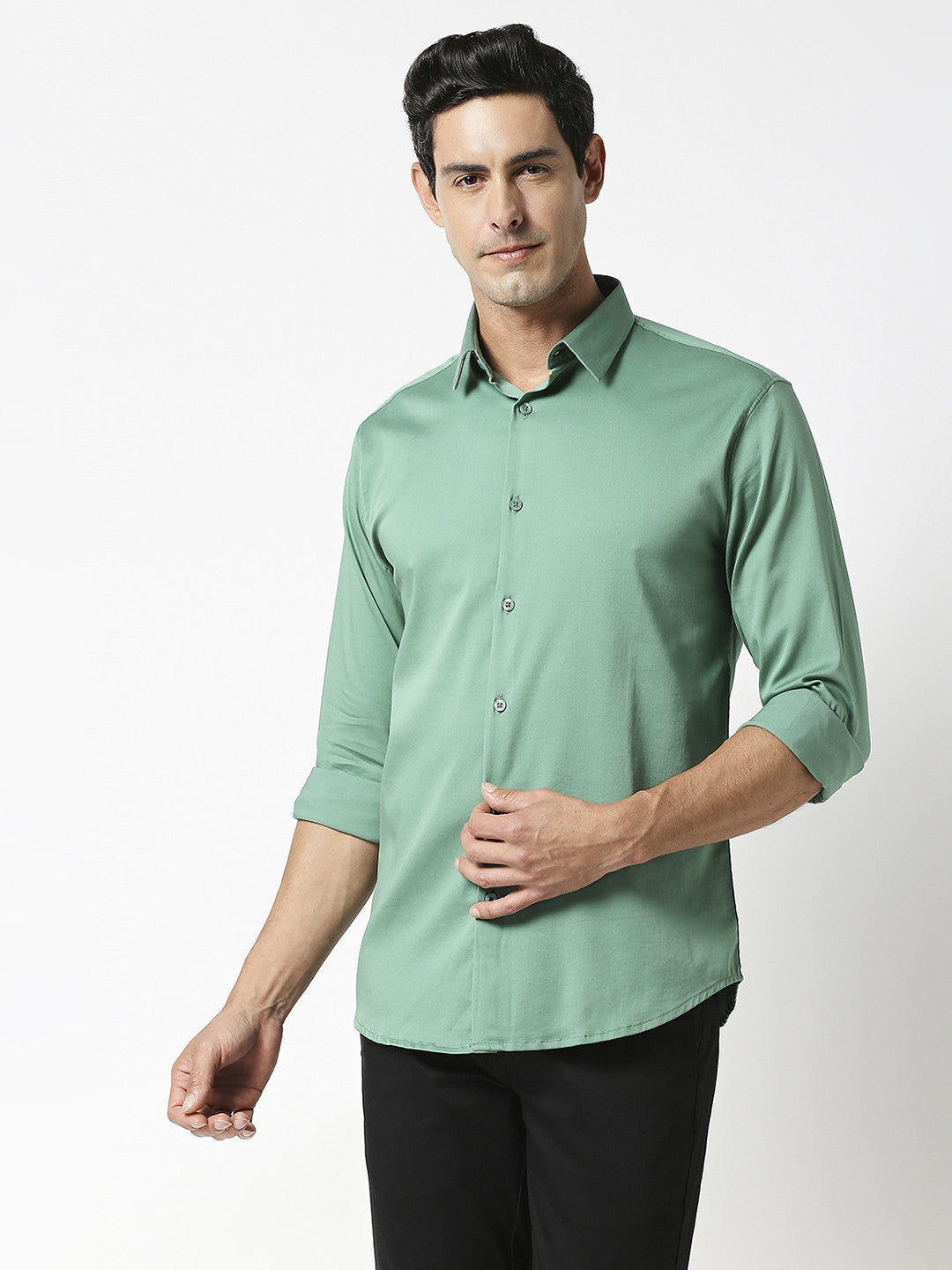 Pearl Green Cotton Satin Lycra Solid Shirt