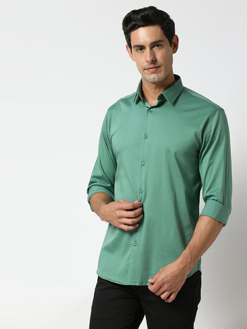 Pearl Green Cotton Satin Lycra Solid Shirt