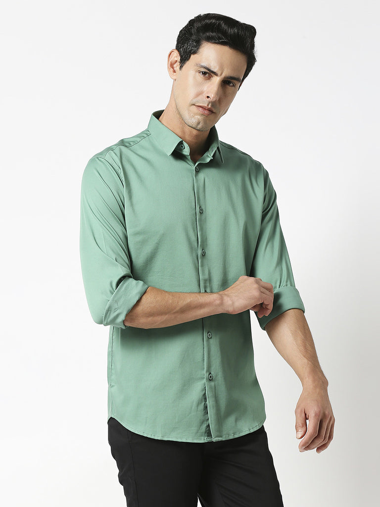 Pearl Green Cotton Satin Lycra Solid Shirt