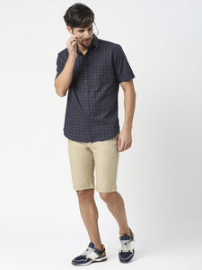 Navy Blue Half Sleeves Twill Checked Shirt With Pocket
