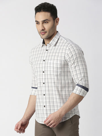 Off White Twill Checked Shirt With Pocket