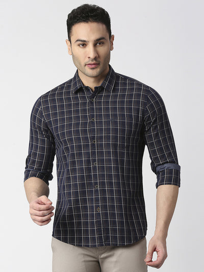 Navy Twill Checked Shirt With Pocket