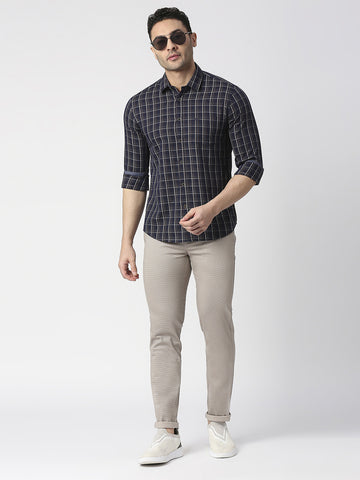 Navy Twill Checked Shirt With Pocket