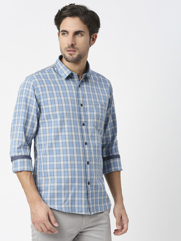 Sky Blue Fine Twill Checked Shirt With Pocket