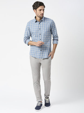 Sky Blue Fine Twill Checked Shirt With Pocket