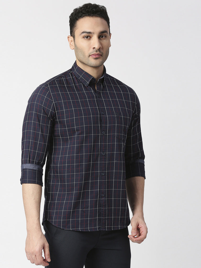 Navy Blue Checked Shirt With Pocket