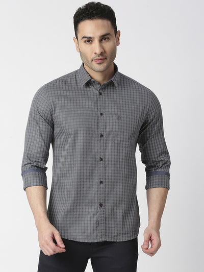 Charcoal Grey Premium Cotton Twill Checks Shirt With Pocket