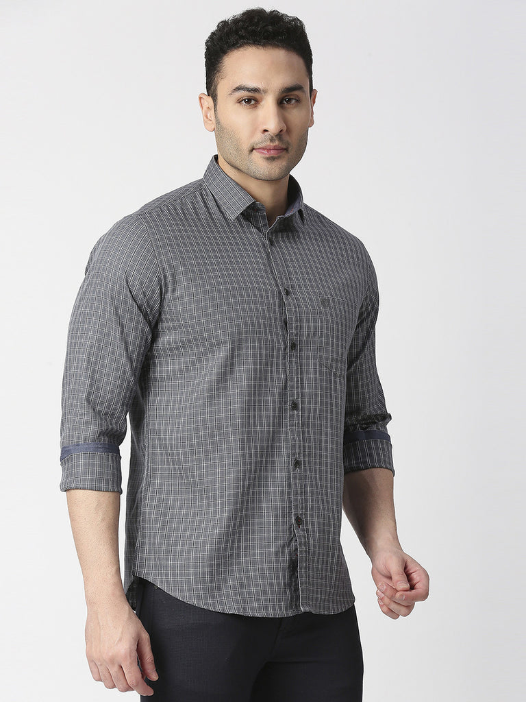 Charcoal Grey Premium Cotton Twill Checks Shirt With Pocket
