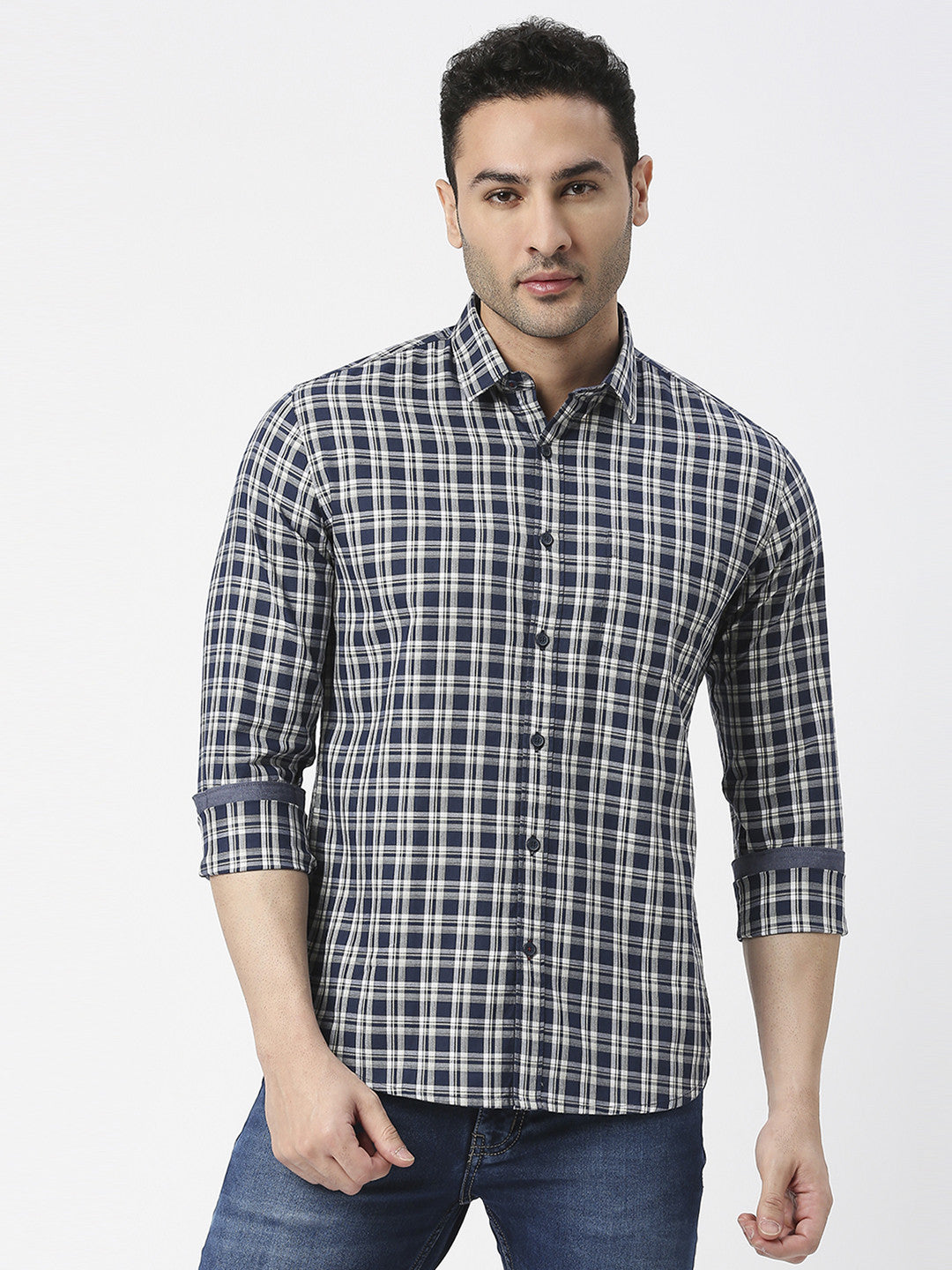 Navy Premium Cotton Fine Twill Checked Shirt