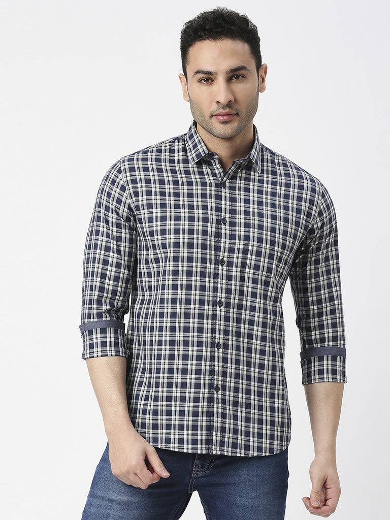 Navy Premium Cotton Fine Twill Checked Shirt