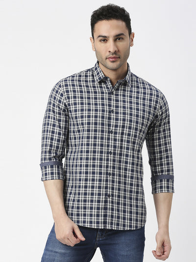 Navy Premium Cotton Fine Twill Checked Shirt