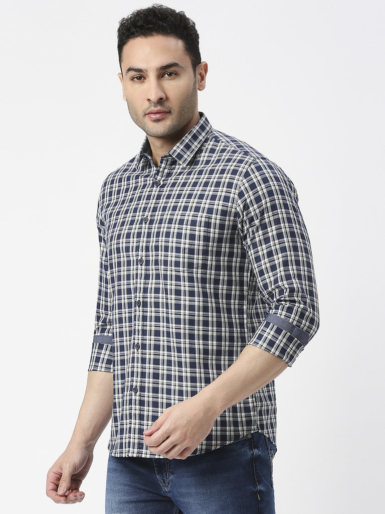 Navy Premium Cotton Fine Twill Checked Shirt