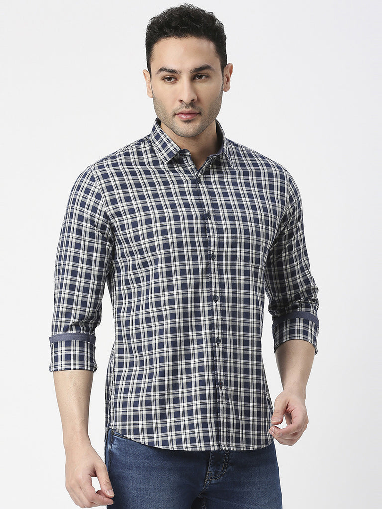 Navy Premium Cotton Fine Twill Checked Shirt