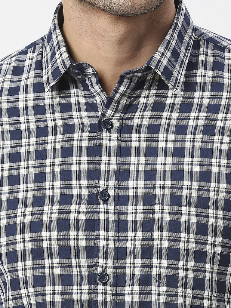 Navy Premium Cotton Fine Twill Checked Shirt