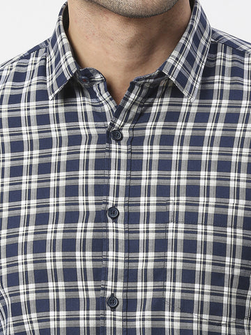 Navy Premium Cotton Fine Twill Checked Shirt