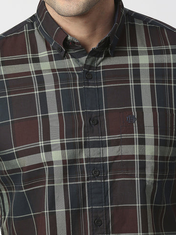 Wine Twill Checked Shirt With Pocket