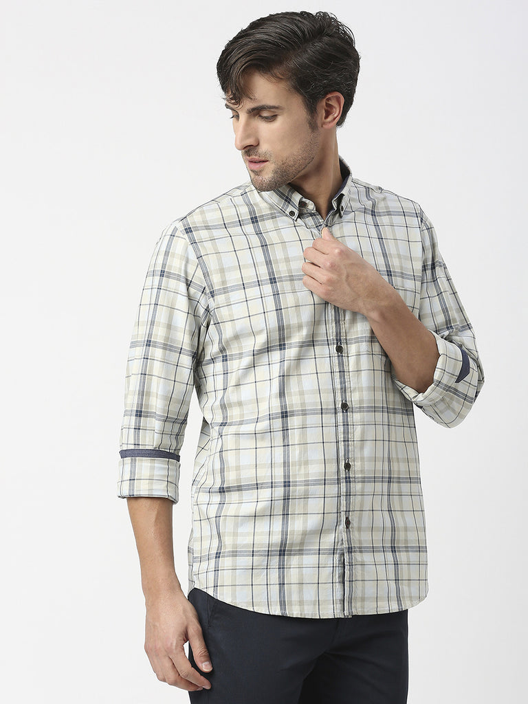 Beige Twill Checked Shirt With Pocket