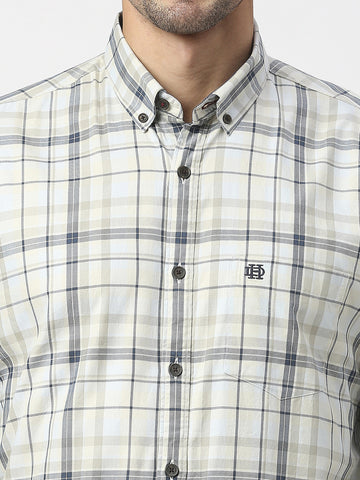 Beige Twill Checked Shirt With Pocket