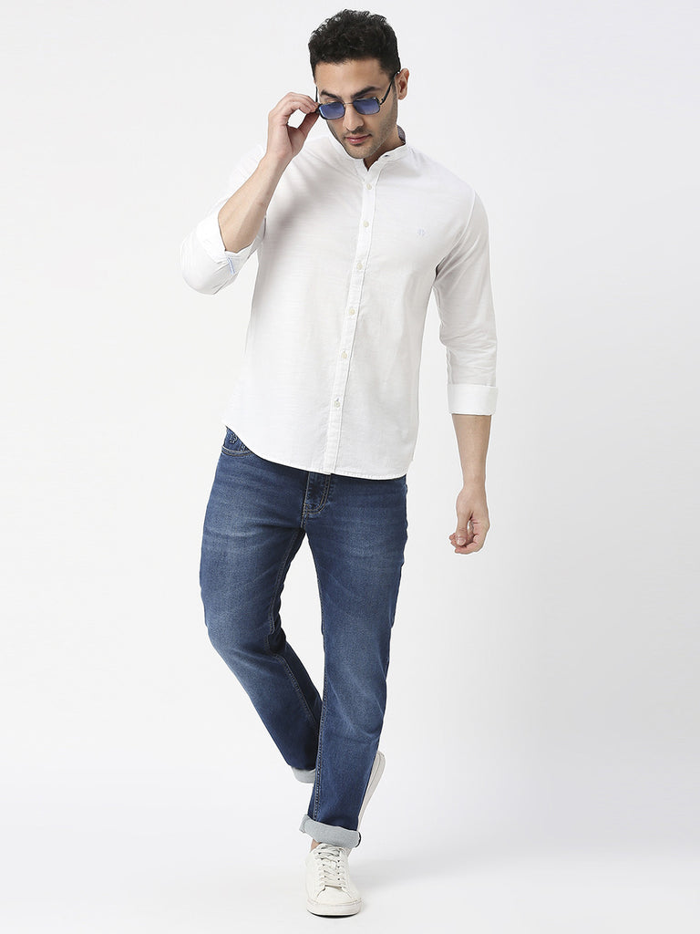 White Premium Cotton Solid Shirt With Mandarin Collar
