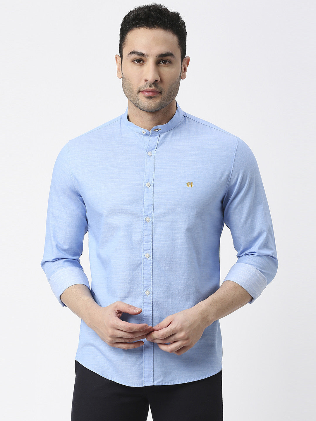 Sky Blue Premium Cotton Solid Shirt With Mandarin Collar