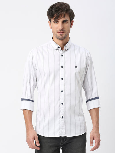 White Twill Striped Shirt With Button Down Collar
