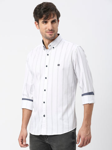 White Twill Striped Shirt With Button Down Collar