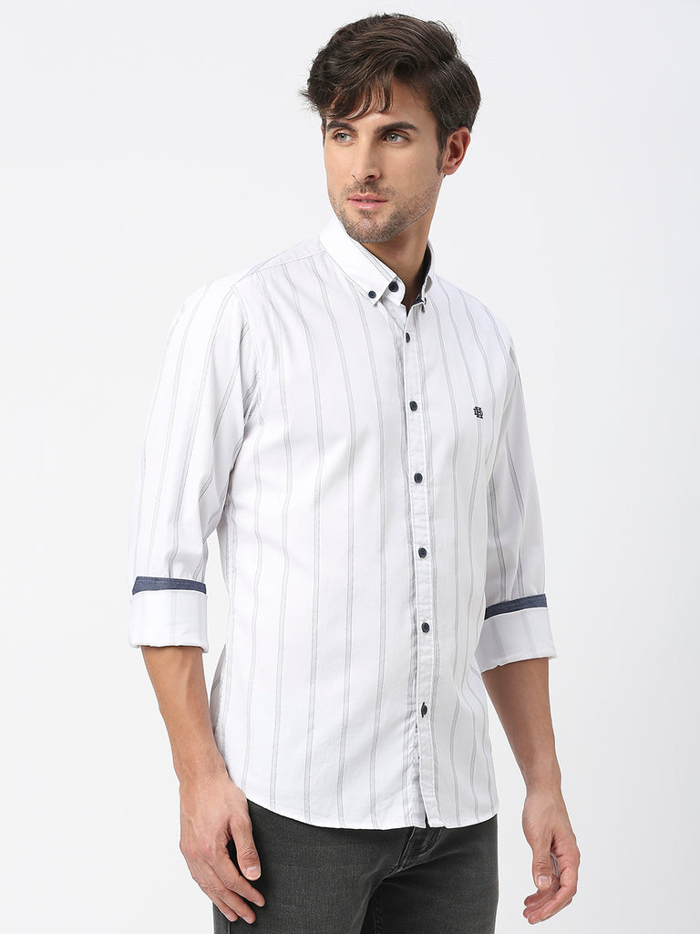 White Twill Striped Shirt With Button Down Collar