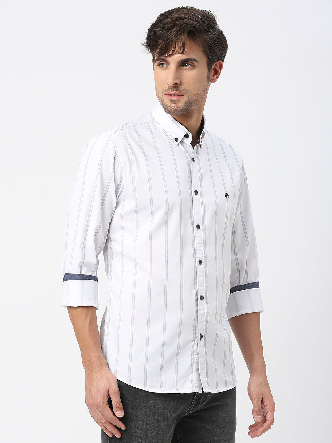 White Twill Striped Shirt With Button Down Collar