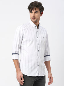 White Twill Striped Shirt With Button Down Collar