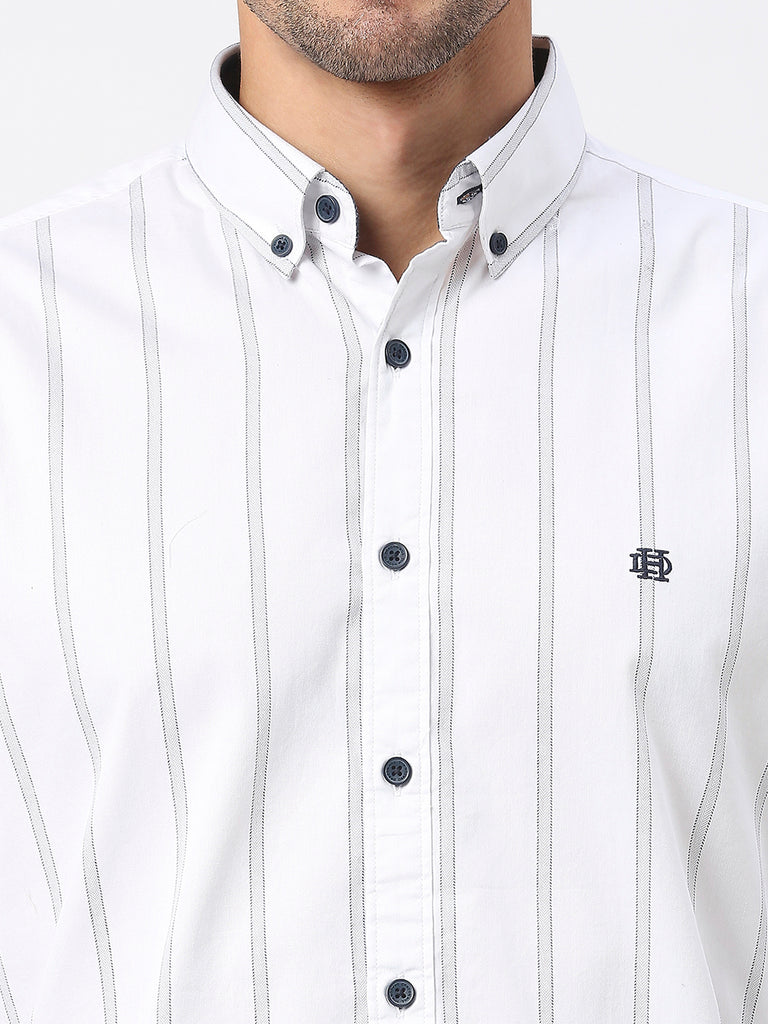 White Twill Striped Shirt With Button Down Collar