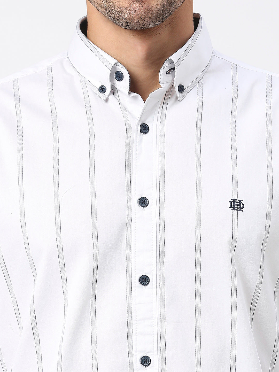 White Twill Striped Shirt With Button Down Collar